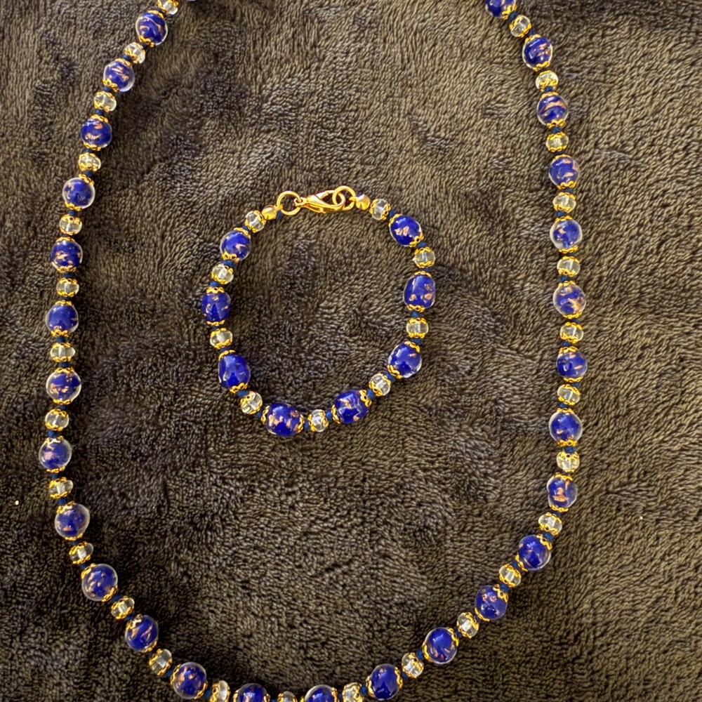 Vintage Murano Venetian Sommerso Blue and Gold Necklace Set